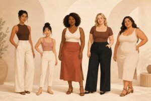 Five diverse women with different heights, sizes and body proportions stand together in coordinated neutral clothing.