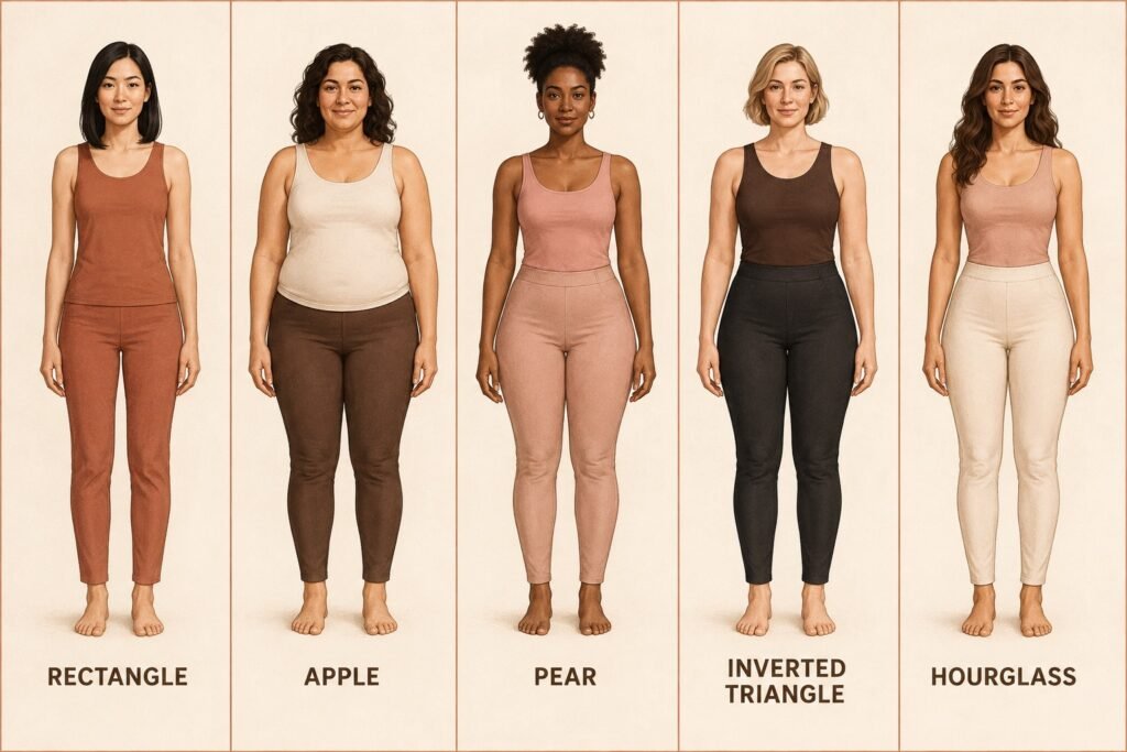 Five illustrated women demonstrate rectangle, apple, pear, inverted triangle and hourglass body shapes.