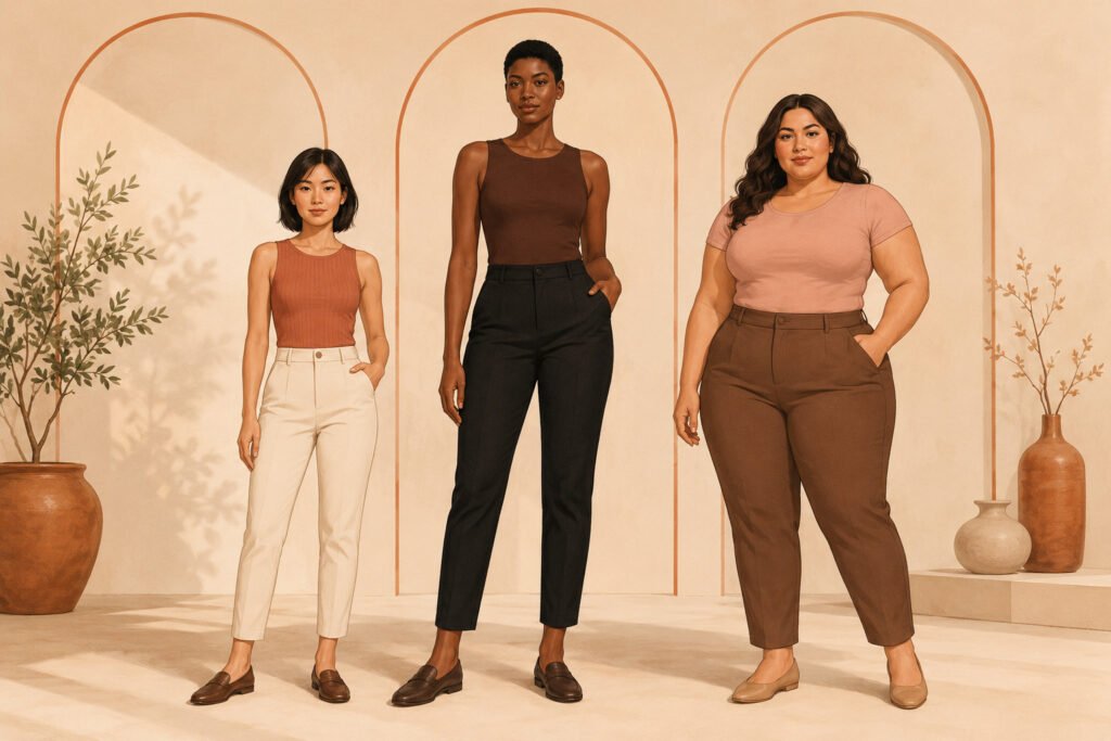 A petite, tall and plus size woman stand together, each showing inverted triangle proportions with shoulders wider than their hips and comparatively slim legs.