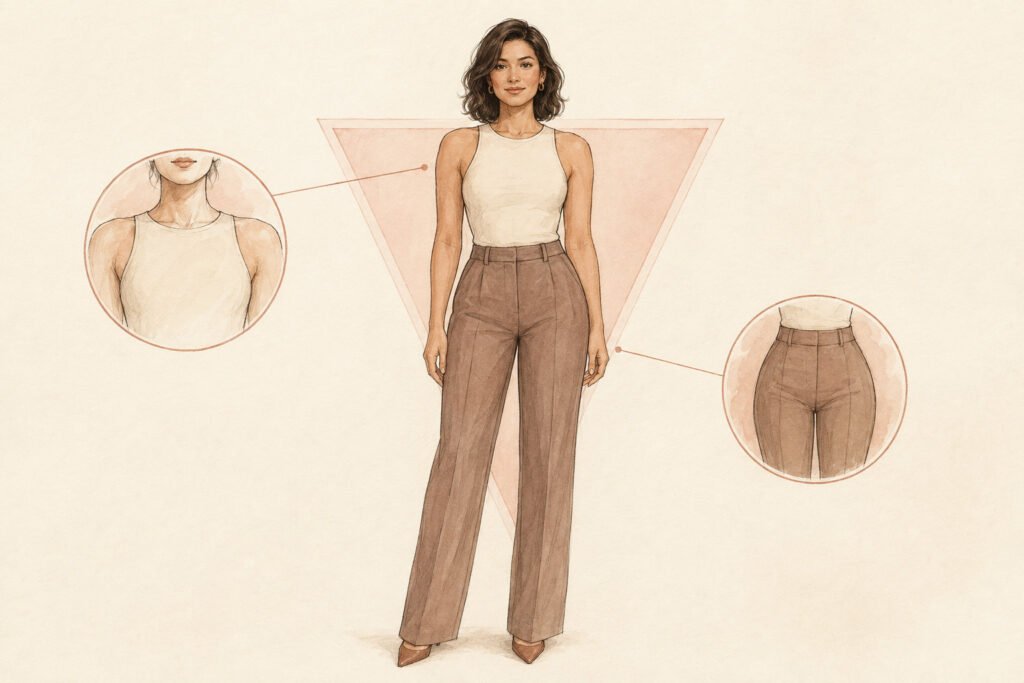 Woman with inverted triangle body-shape wearing flattering top and pants. 