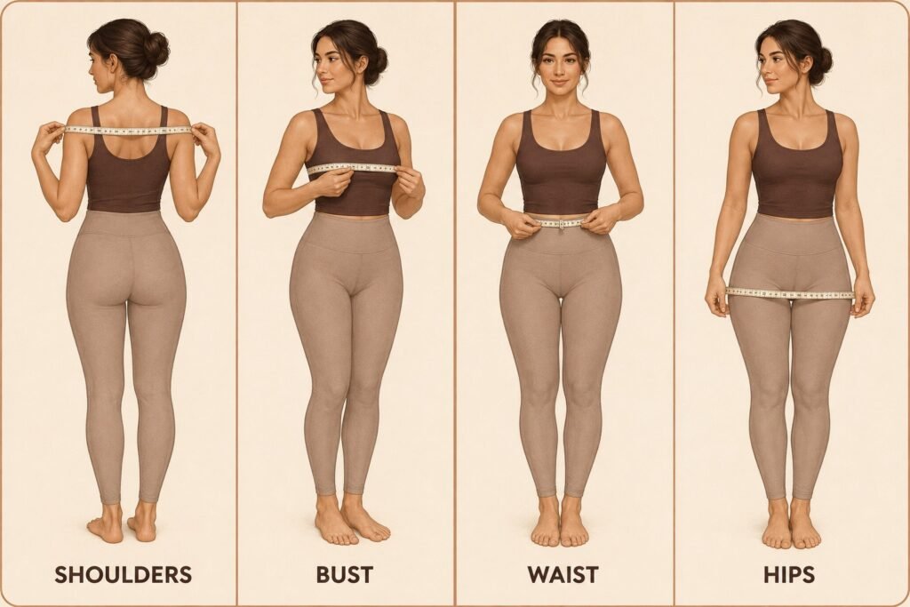 Four illustrated panels show where to place a measuring tape around the shoulders, bust, natural waist and fullest part of the hips.