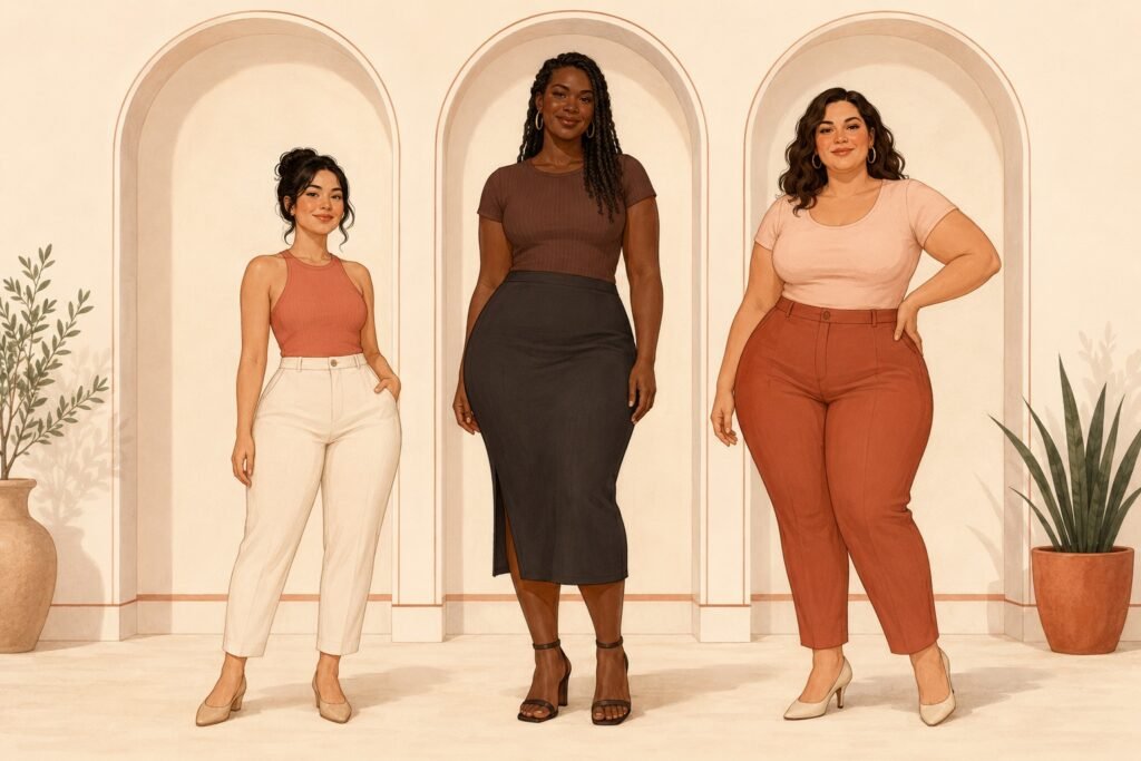 A petite, tall and plus size woman stand together, each showing pear shaped proportions with narrower shoulders, defined waists and fuller hips.
