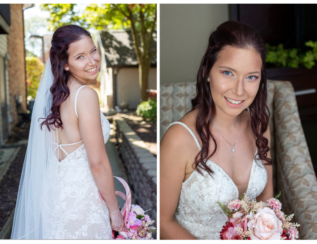 Central Illinois Bride holding her bouquet at Eastland Suites Hotel which is where she got married.
